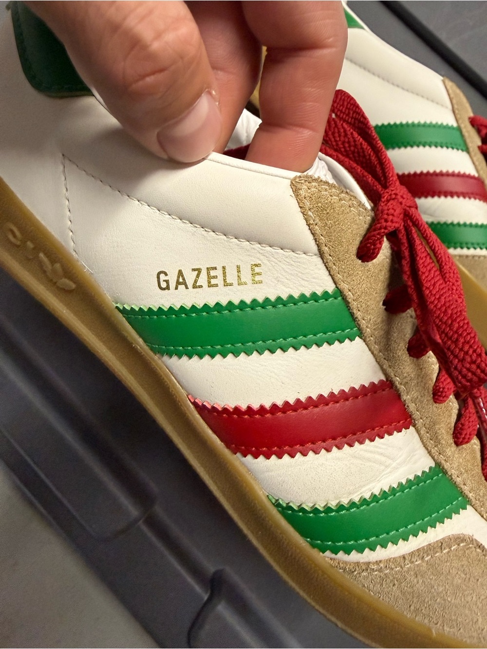 Gucci x adidas Gazelle White Leather Sneakers with Red Laces & Green Stripes - Picture 3 of 11